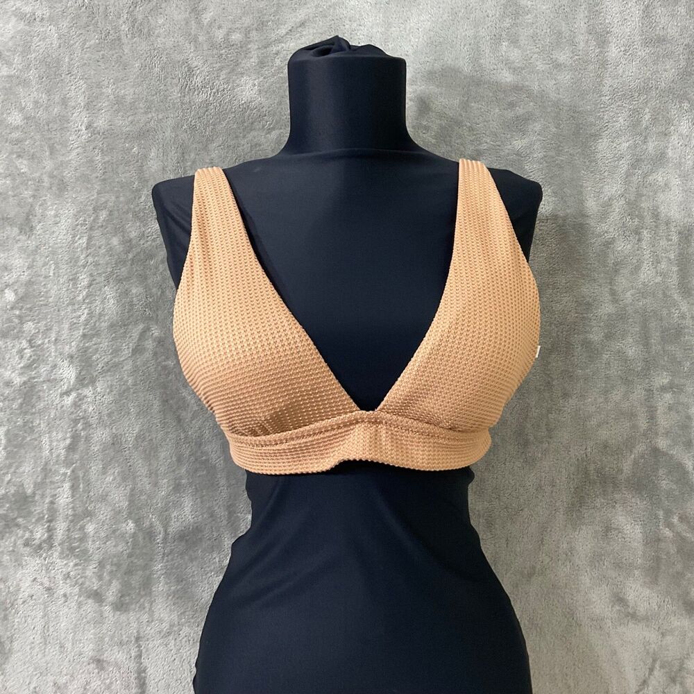 Aerie Waffle Tie Longline Triangle Bikini Top only Size Medium Beige padded EUC